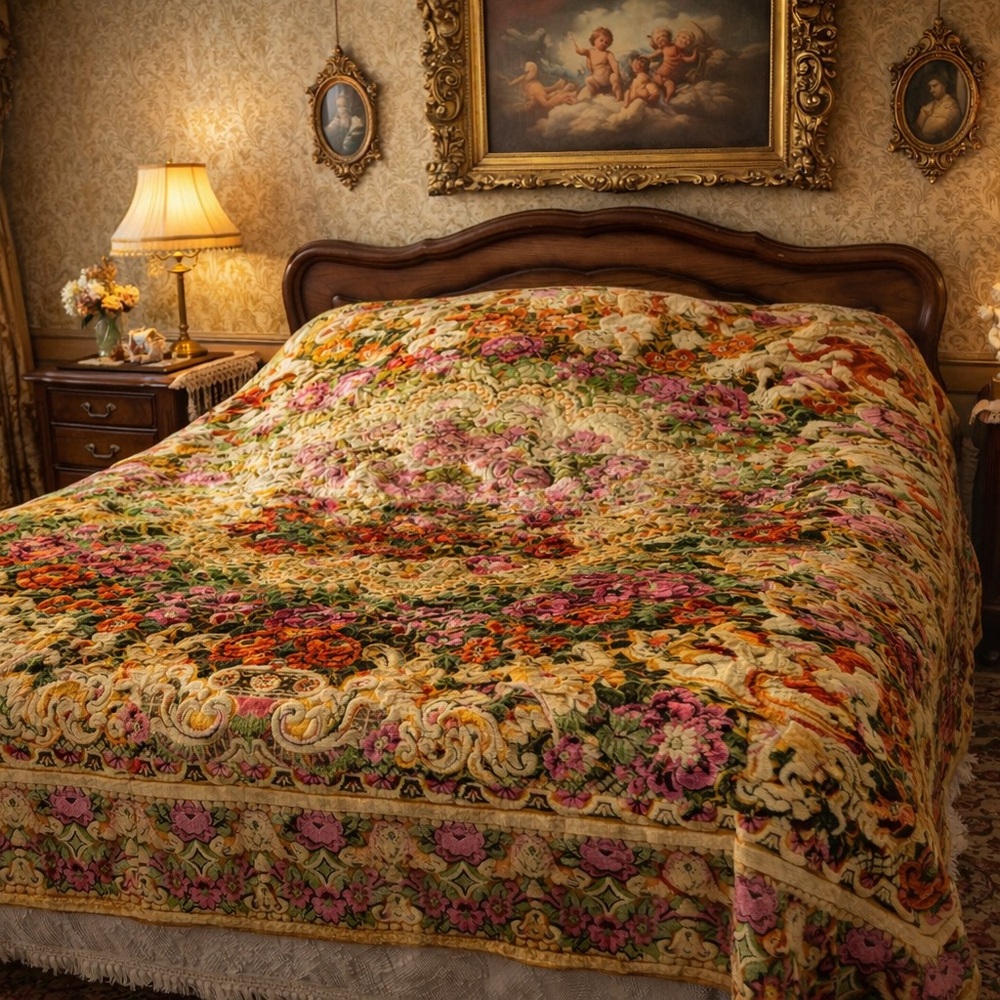 “Amore dei Cherubini” Vintage Italian Baroque Floral Tapestry Bedspread